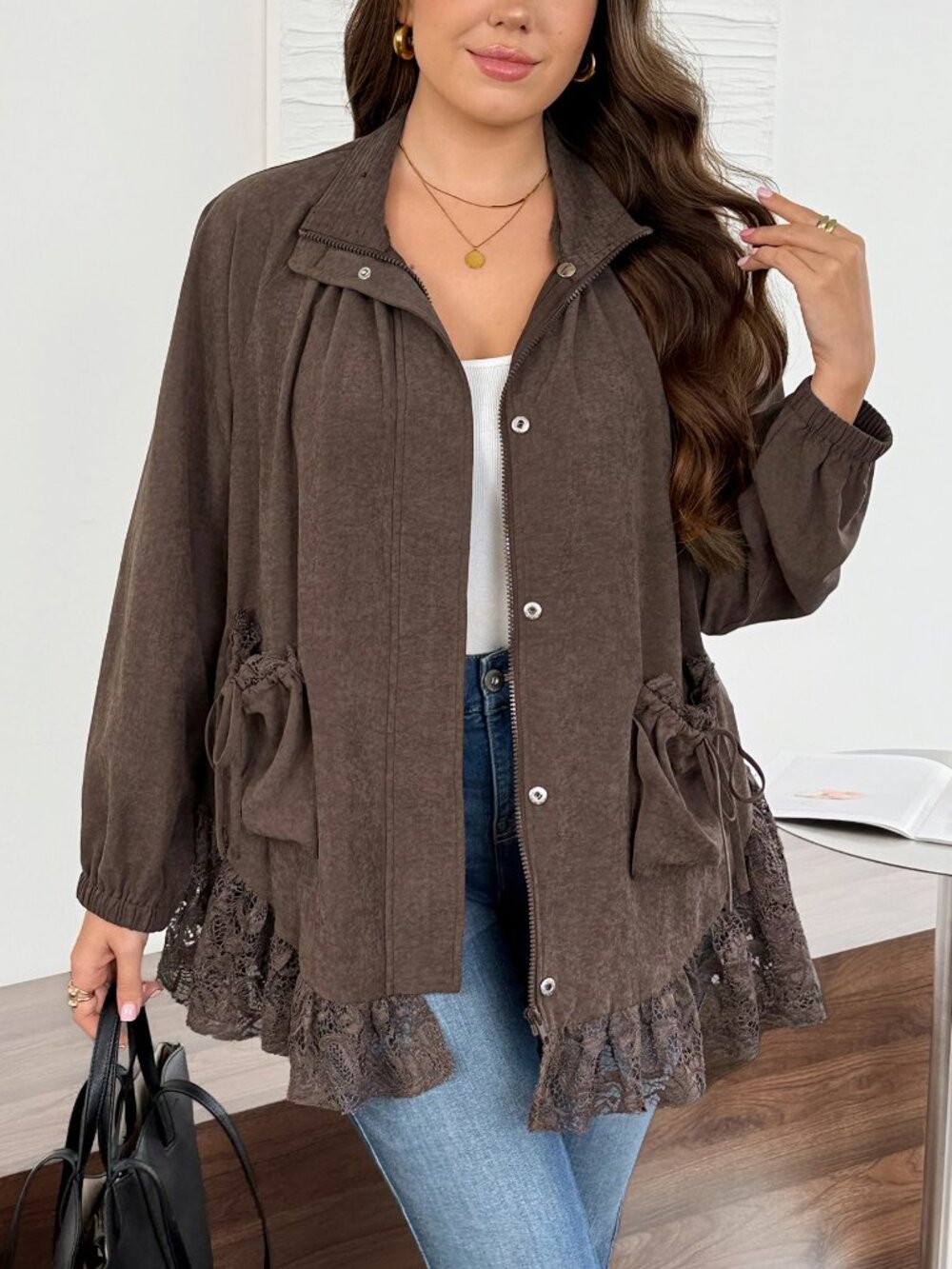 Coffee Brown Casual Women's Plus Size Lace Patchwork Double Pocket Jacket